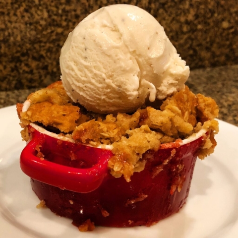 cranberries apples oatmeal crumble served warm with vanilla ice cream by Chef Lynn Wheeler