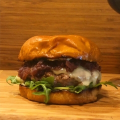 ground duck breast patty caramelized onions truffled gruyere cheese arugula dijonnaise brioche bun by Chef Lynn Wheeler