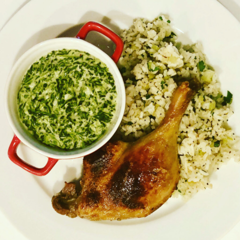 duck leg confit herbed rice garlicky creamed spinach by Chef Lynn Wheeler