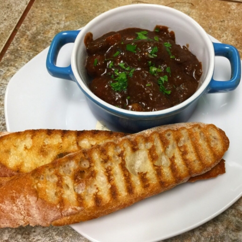 duck hearts red wine sauce and toast by Chef Lynn Wheeler