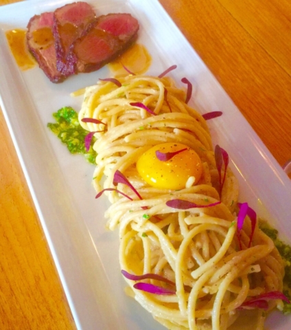 bucatini with foie gras sauce egg yolk gemolata and seared duck breast by Chef Lynn Wheeler
