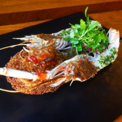 roasted stuffed langoustines fried green tomato bacon jam by Chef Lynn Wheeler