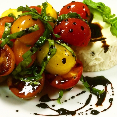 parmesan panna cotta heirloom cherry tomatoes reduced balsamic by Chef Lynn Wheeler