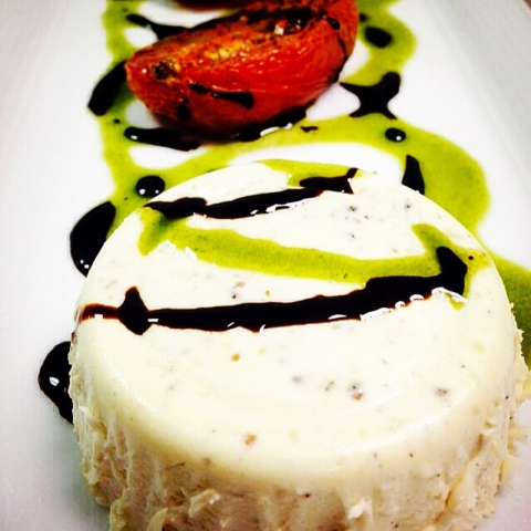 parmesan panna cotta roasted tomatoes basil oil reduced balsamic by Chef Lynn Wheeler
