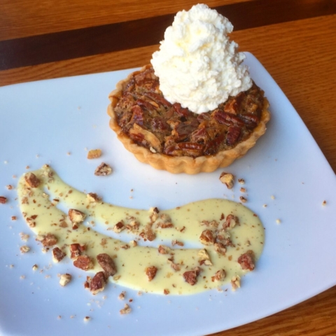 pecan pie tart creme anglaise candied pecans whipped cream by Chef Lynn Wheeler