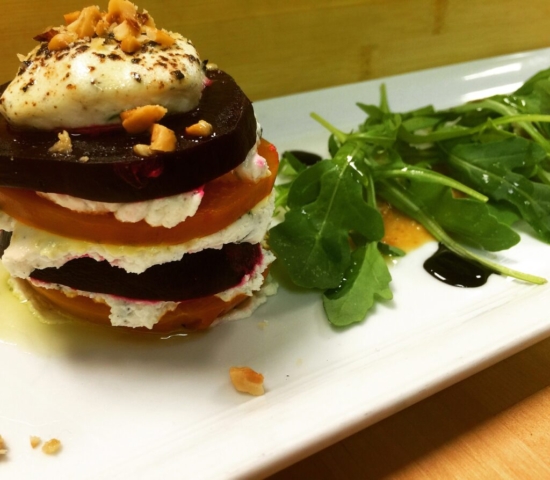 roasted beets whipped goat cheese hazelnut butter arugula by Chef Lynn Wheeler