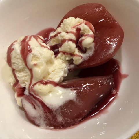 red wine poached pears vanilla ice cream red wine syrup by Chef Lynn Wheeler
