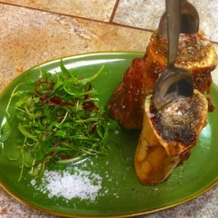 roasted bone marrow micro herb salad fleur de sel by Chef Lynn Wheeler