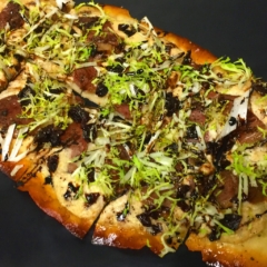 smoked duck breast dried cherries ricotta roasted onion puree frisée dried cranberries reduced balsamic by Chef Lynn Wheeler