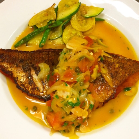 seared red snapper tomato onion olives capers jalapeños pan sauce by Chef Lynn Wheeler