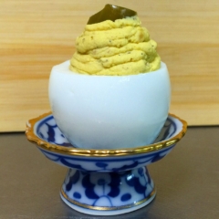 smoked duck breast pickled Serrano pepper deviled egg by Chef Lynn Wheeler