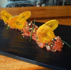 tuna tartare plantain chips caviar sesame seeds chives by Chef Lynn Wheeler