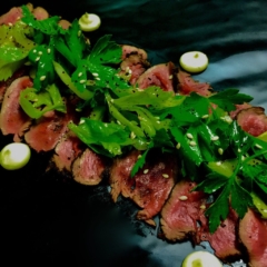 deer venison carpaccio parsley celery salad irfa biber roasted garlic aioli by Chef Lynn Wheeler