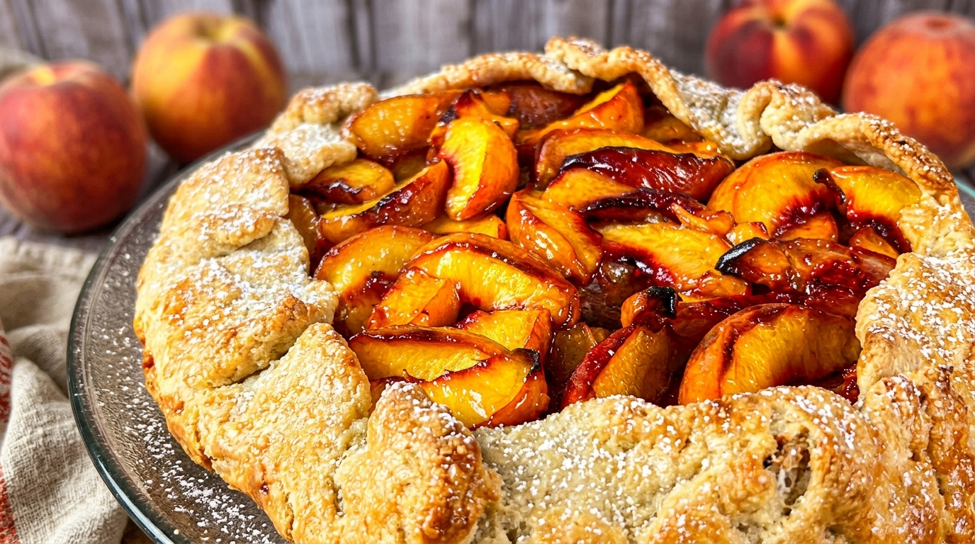 Rustic peach galette with flaky golden crust and fresh peach filling