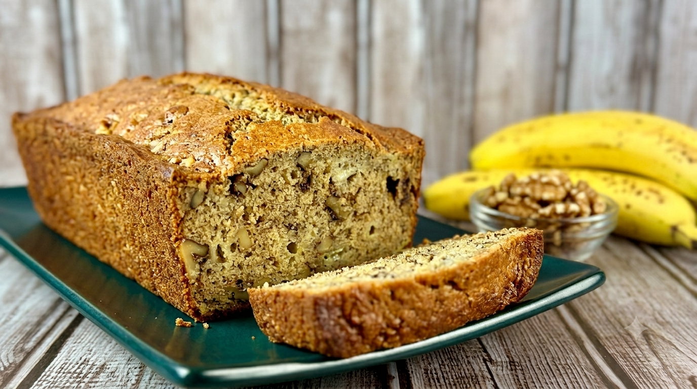 Homemade sourdough discard banana bread loaf with sliced pieces